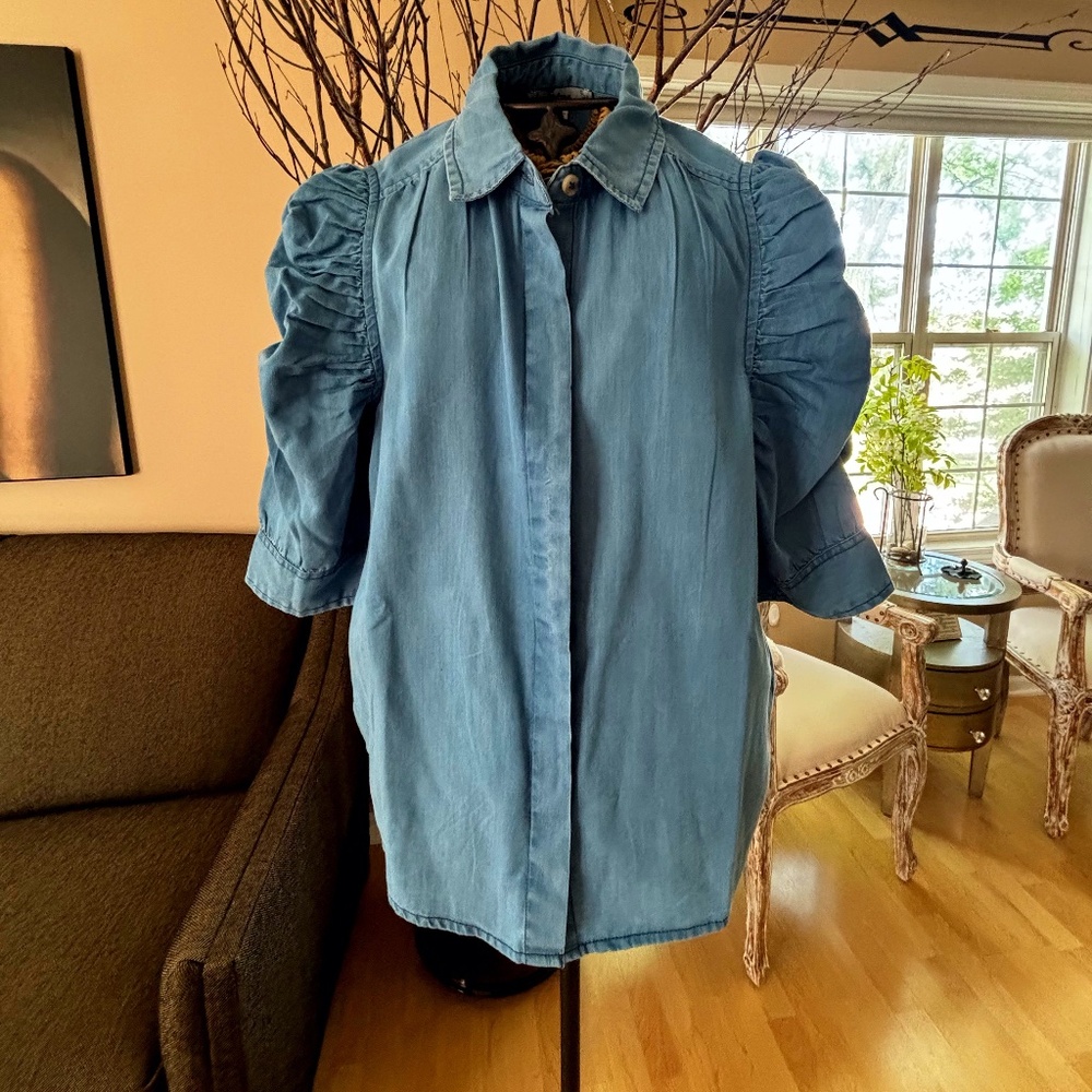 Short Puff Sleeve Blue Chambray Blouse